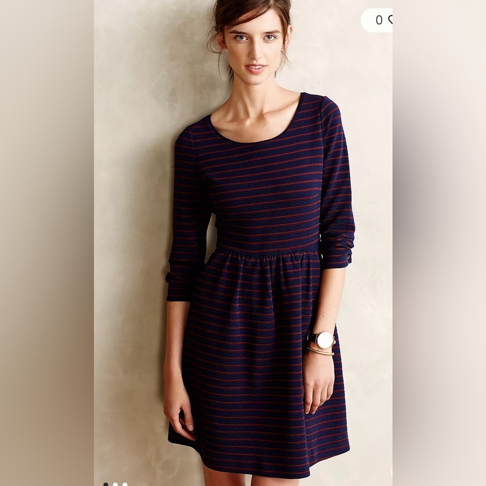 Maeve for Anthropologie Women's Blue Striped Fit and Flare Dress Pockets Size 10